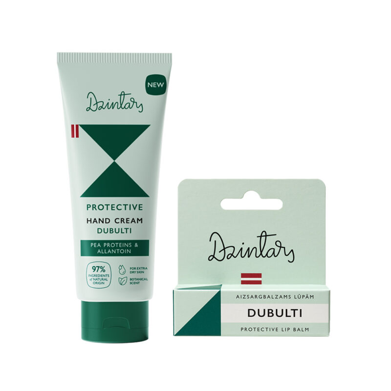 Dzintars Dubulti Protective Hand Cream with pea proteins and allantoin and Dubulti Protective Lip Balm set – matching hand and lip care duo for extra dry skin