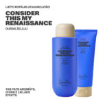 Dzintars CONSIDER THIS MY RENAISSANCE renewing body cream 200ml shown with matching body cleanser 385ml — blue packaging, bergamot and patchouli scent, same fragrance double effect, made in Latvia