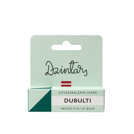 Dzintars Dubulti Protective Lip Balm – mint green packaging with teal accent, aizsargbalzams lūpām, made in Latvia