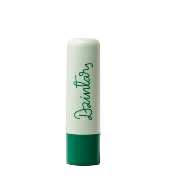 Dzintars Dubulti Protective Lip Balm stick – mint green tube with dark teal base and Dzintars script logo, white background