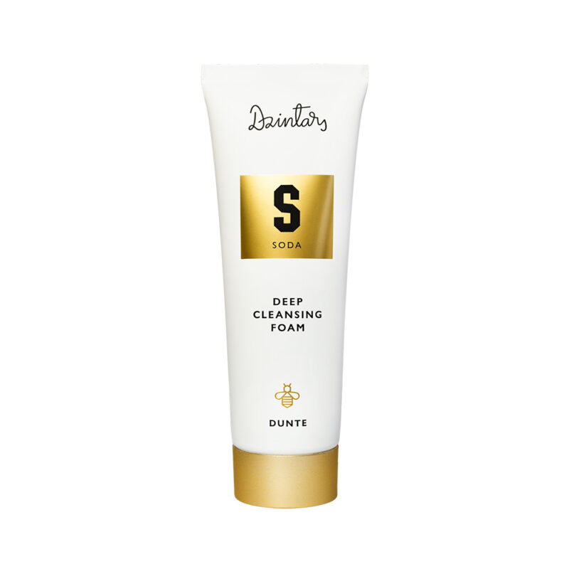 Dzintars Dunte Deep Cleansing Foam with soda and royal jelly – pore-purifying face wash 75ml, white tube with gold cap
