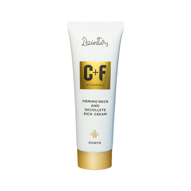 Dzintars Dunte Firming Neck and Decollete Rich Cream with vitamins C and F, shea butter and royal jelly – elasticity-restoring cream 75ml, white tube with gold cap