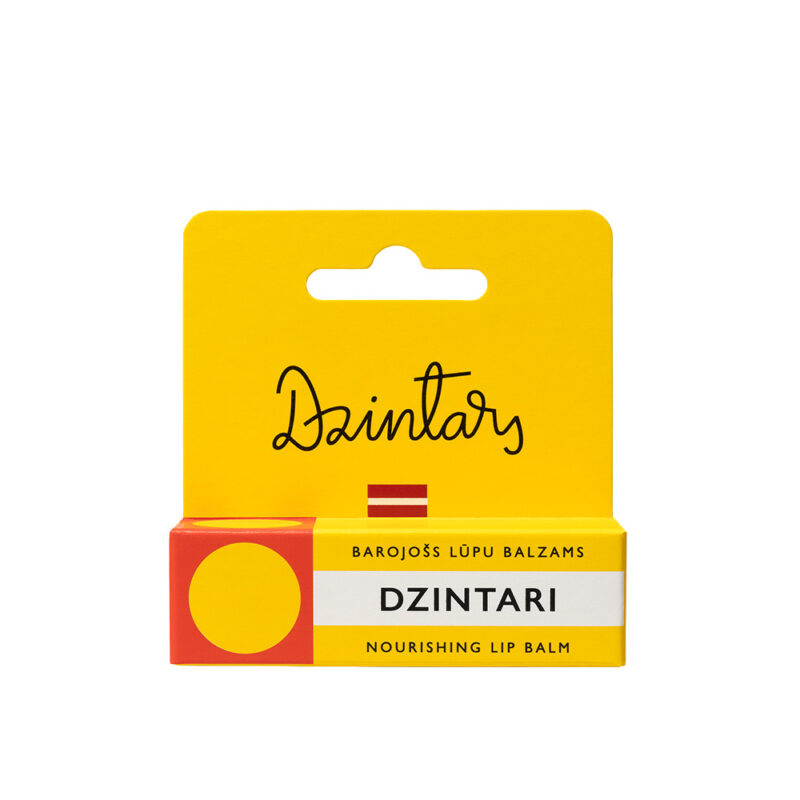 Dzintars Dzintari Nourishing Lip Balm – bright yellow packaging with red accent, barojošs lūpu balzams, made in Latvia