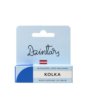 Dzintars Kolka Moisturising Lip Balm – light blue packaging with navy accent, mitrinošs lūpu balzams, made in Latvia