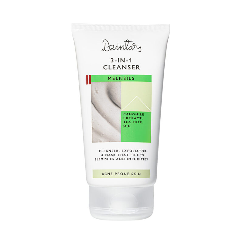 Dzintars Melnsils 3-in-1 Cleanser 150ml – white tube for acne prone skin with camomile extract, tea tree oil and kaolin, cleanser exfoliator and mask, made in Latvia