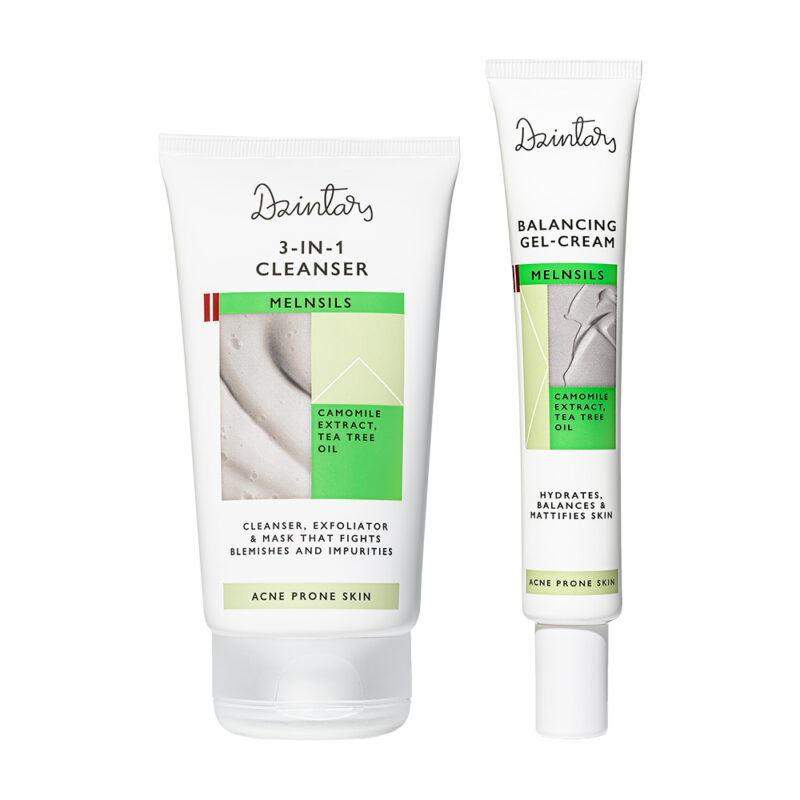 Dzintars Melnsils acne skincare set - 3-in-1 Cleanser 150ml and Balancing Gel-Cream 50ml for acne prone oily skin, camomile extract and tea tree oil, made in Latvia