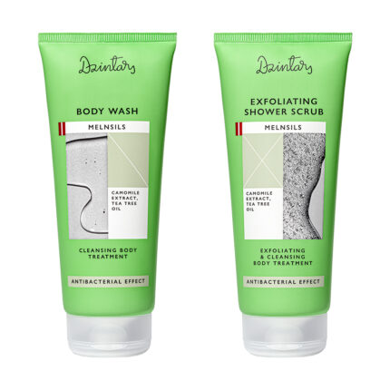 Dzintars Melnsils antibacterial body set - Body Wash and Exfoliating Shower Scrub 200ml each, camomile extract and tea tree oil, cleansing and exfoliating body treatment for problematic skin, made in Latvia