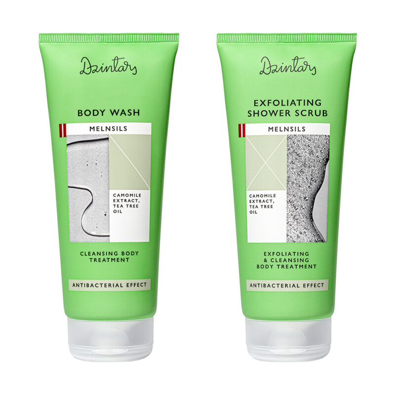 Dzintars Melnsils antibacterial body set - Body Wash and Exfoliating Shower Scrub 200ml each, camomile extract and tea tree oil, cleansing and exfoliating body treatment for problematic skin, made in Latvia