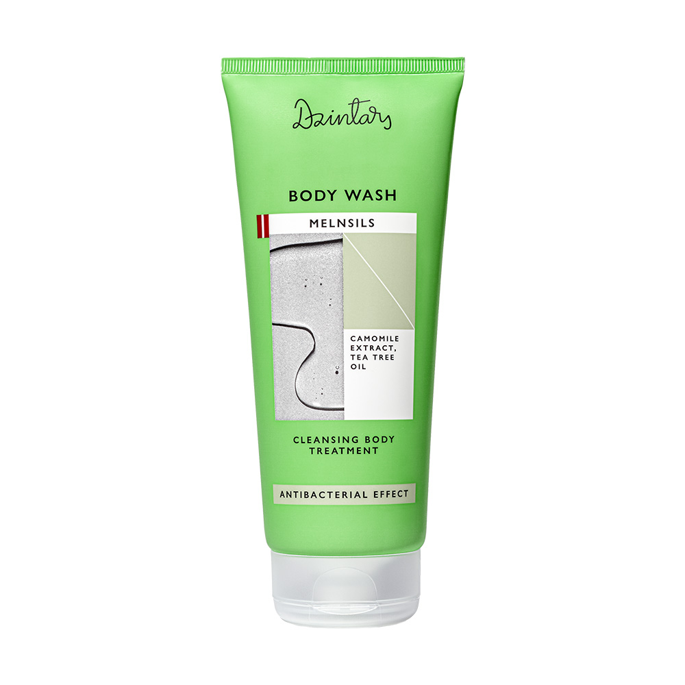 dzintars-melnsils-antibacterial-body-wash-camomile-tea-tree-200ml Dzintars Melnsils Body Wash 200ml – green tube with antibacterial effect, camomile extract and tea tree oil, cleansing body treatment for problematic skin, made in Latvia