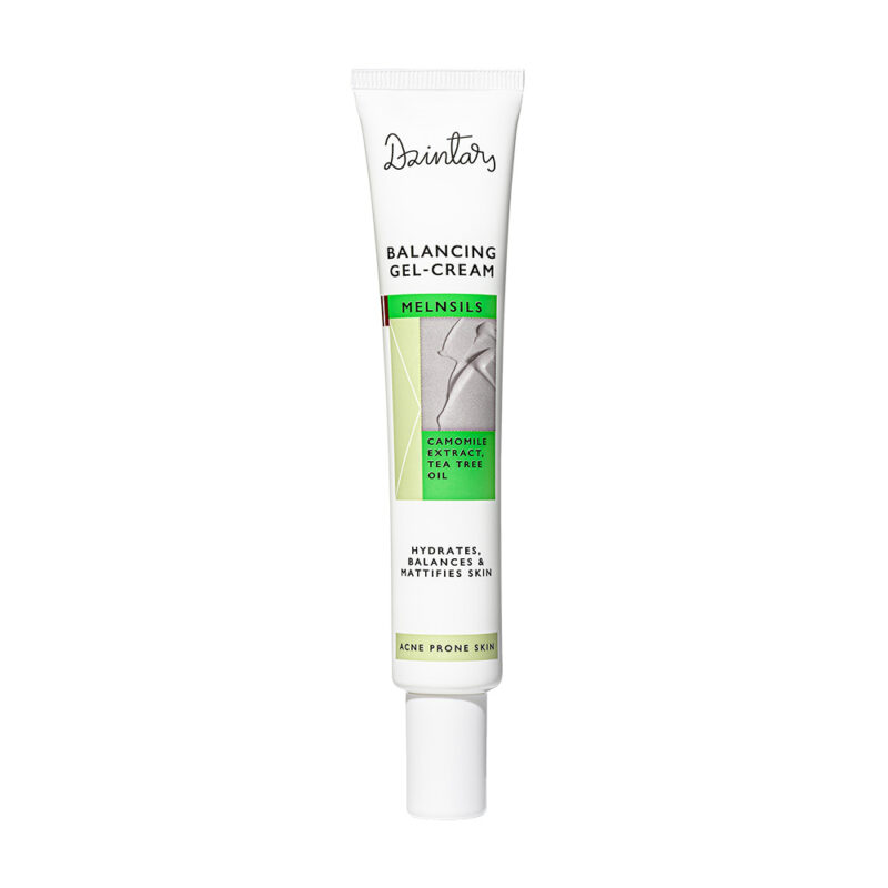 Dzintars Melnsils Balancing Gel-Cream 50ml – white tube for acne prone oily skin with camomile extract, tea tree oil, niacinamide and panthenol, hydrates and mattifies skin, made in Latvia