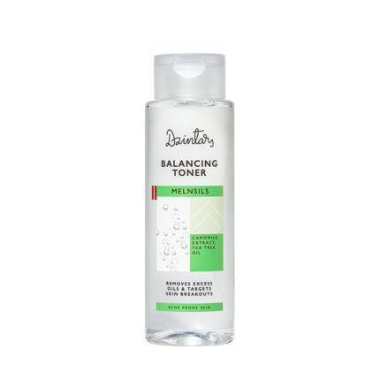 Dzintars Melnsils Balancing Toner 200ml – clear bottle for acne prone skin with camomile extract and tea tree oil, removes excess oils and targets skin breakouts, made in Latvia