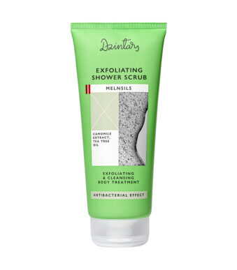 Dzintars Melnsils Exfoliating Shower Scrub 200ml – green tube with antibacterial effect, camomile extract and tea tree oil, exfoliating and cleansing body treatment for problematic skin, made in Latvia