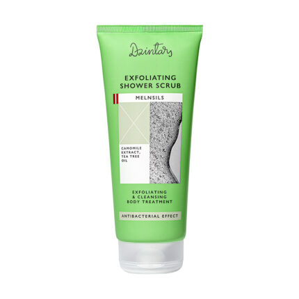 Dzintars Melnsils Exfoliating Shower Scrub 200ml – green tube with antibacterial effect, camomile extract and tea tree oil, exfoliating and cleansing body treatment for problematic skin, made in Latvia