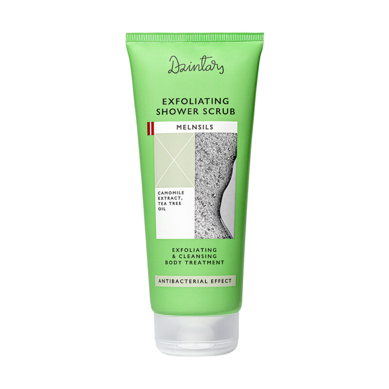 Dzintars Melnsils Exfoliating Shower Scrub 200ml – green tube with antibacterial effect, camomile extract and tea tree oil, exfoliating and cleansing body treatment for problematic skin, made in Latvia