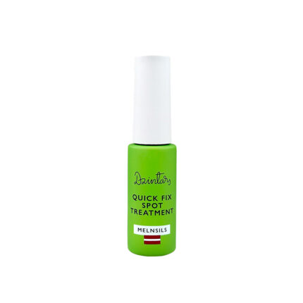 Dzintars Melnsils Quick Fix Spot Treatment 7.5g – small green bottle with white cap for acne spot treatment, camomile extract and tea tree oil, zinc oxide and salicylic acid, made in Latvia