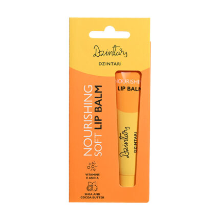 Dzintars Nourishing Soft Lip Balm Dzintari box packaging with Vitamins E and A, shea and cocoa butter