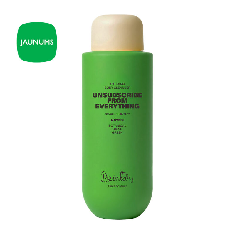 Dzintars UNSUBSCRIBE FROM EVERYTHING calming body cleanser 385ml — green bottle with aloe vera and hop extract, botanical fresh green scent, made in Latvia