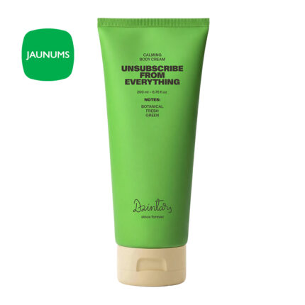 Dzintars UNSUBSCRIBE FROM EVERYTHING calming body cream 200ml - green tube with aloe vera and hop extract, botanical fresh green scent, quick-drying moisturiser for smooth skin, made in Latvia
