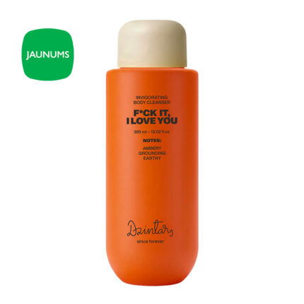 Dzintars F*CK IT, I LOVE YOU invigorating body cleanser 385ml — orange bottle with licorice and ginkgo biloba extract, warm amber scent, made in Latvia