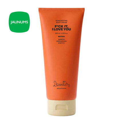 Dzintars F*CK IT, I LOVE YOU invigorating body cream 200ml - orange tube with cocoa butter and licorice extract, warm amber earthy gourmand scent, made in Latvia