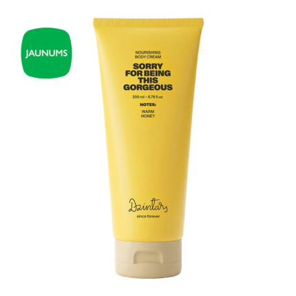 Dzintars SORRY FOR BEING THIS GORGEOUS nourishing body cream 200ml - yellow tube with honey and ginseng extract, warm honey scent, rich moisturiser for soft skin, made in Latvia