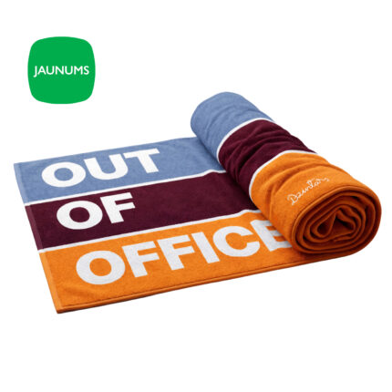 New in Dzintars Out Of Office premium cotton beach towel 90x170cm, 700 gsm – colour-block design in blue, burgundy and orange, partially rolled, white background