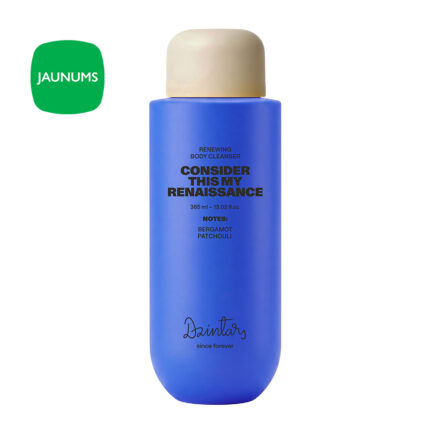 Dzintars CONSIDER THIS MY RENAISSANCE renewing body cleanser 385ml — blue bottle with algae extract and panthenol, bergamot and patchouli scent, made in Latvia