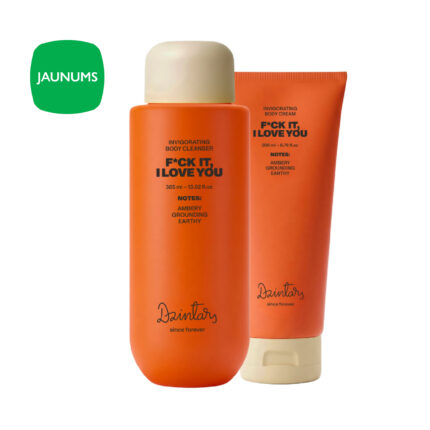 Dzintars Dear Body F*ck It I Love You invigorating body cleanser 385ml and body cream 200ml set – amber grounding earthy scent notes, orange packaging