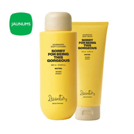 Dzintars Dear Body Sorry For Being This Gorgeous nourishing body cleanser 385ml and body cream 200ml set – warm honey scent notes, yellow packaging