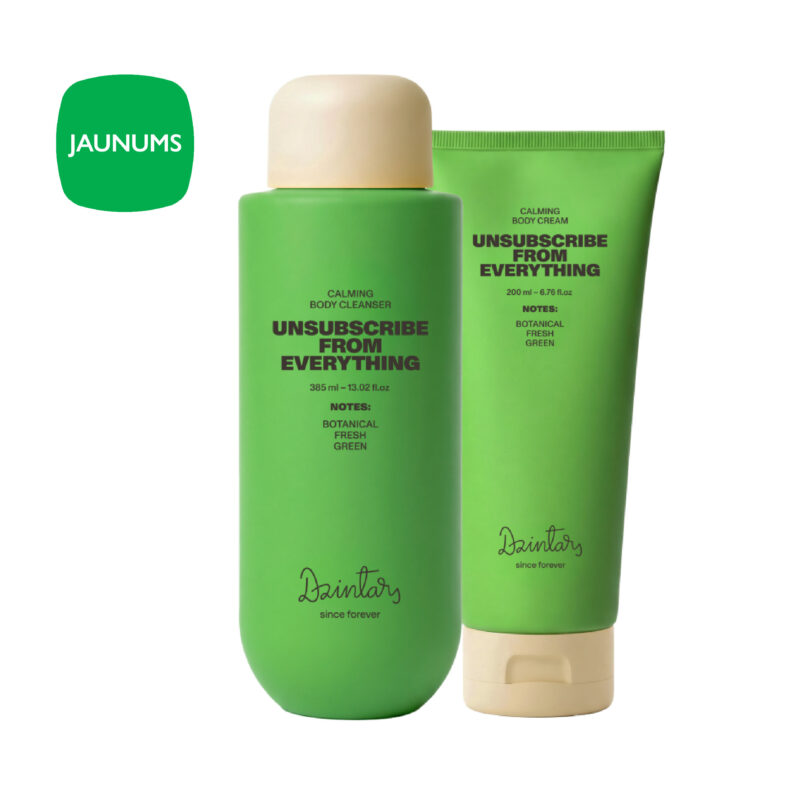 Dzintars Dear Body Unsubscribe From Everything calming body cleanser 385ml and body cream 200ml set – botanical fresh green scent notes, green packaging