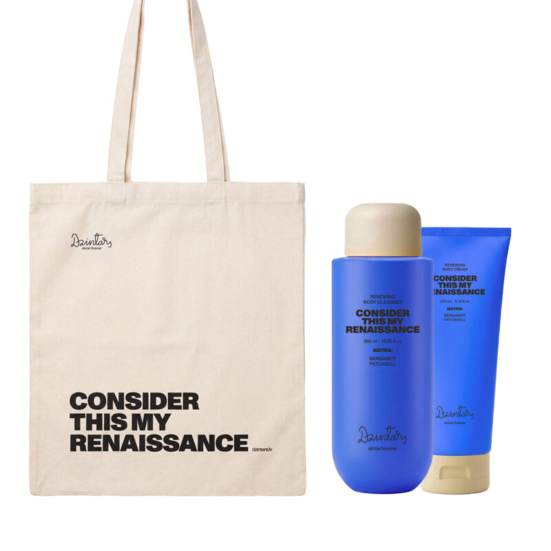 Dzintars Consider This My Renaissance renewing gift set – body cleanser, body cream and tote bag with bergamot and patchouli notes