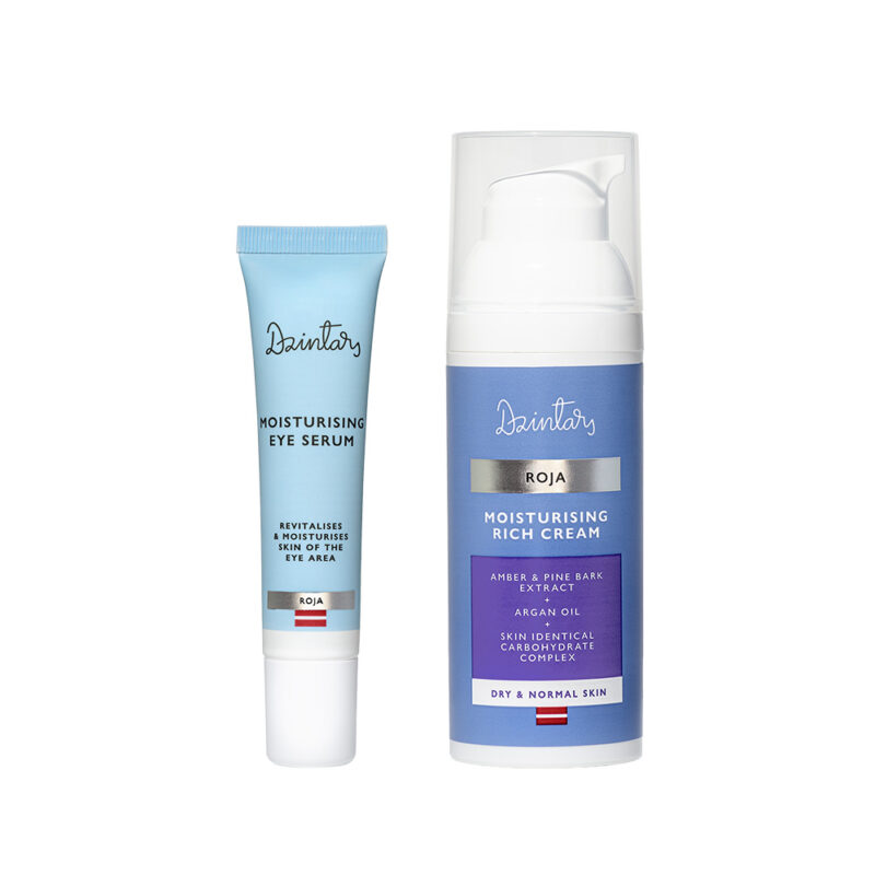 Dzintars Roja Moisturising Eye Serum in light blue tube next to Moisturising Rich Cream pump bottle for dry skin