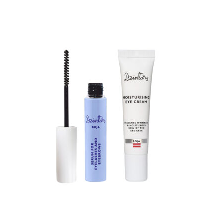 Dzintars Roja Serum for Eyelashes and Eyebrows with mascara wand next to Roja Moisturising Eye Cream white tube