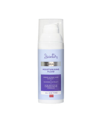 Dzintars Roja Moisturising Fluid in a light blue pump bottle with amber, pine bark, and seaweed extract formula