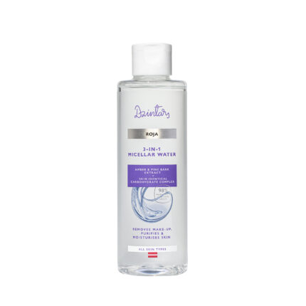 Dzintars Roja 3-in-1 Micellar Water 200ml in a clear bottle with purple label, amber and pine bark extract, 98% natural origin