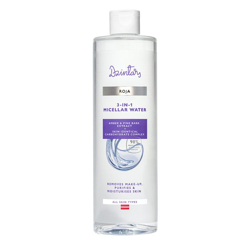 Dzintars Roja 3-in-1 Micellar Water in a large clear bottle with purple label, amber and pine bark extract formula