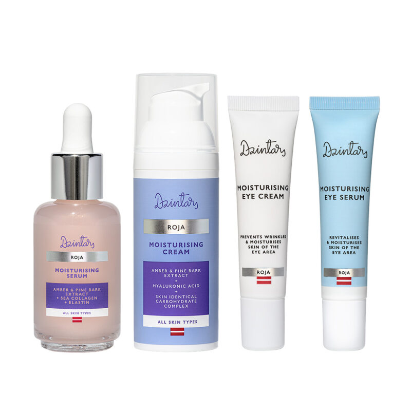 Dzintars Roja four-piece moisturising set with serum, face cream, eye cream, and eye serum on white background