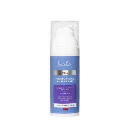 Dzintars Roja Moisturising Rich Cream in a blue pump bottle with argan oil and amber extract for dry and normal skin