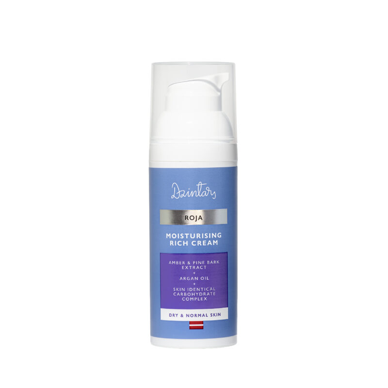 Dzintars Roja Moisturising Rich Cream in a blue pump bottle with argan oil and amber extract for dry and normal skin