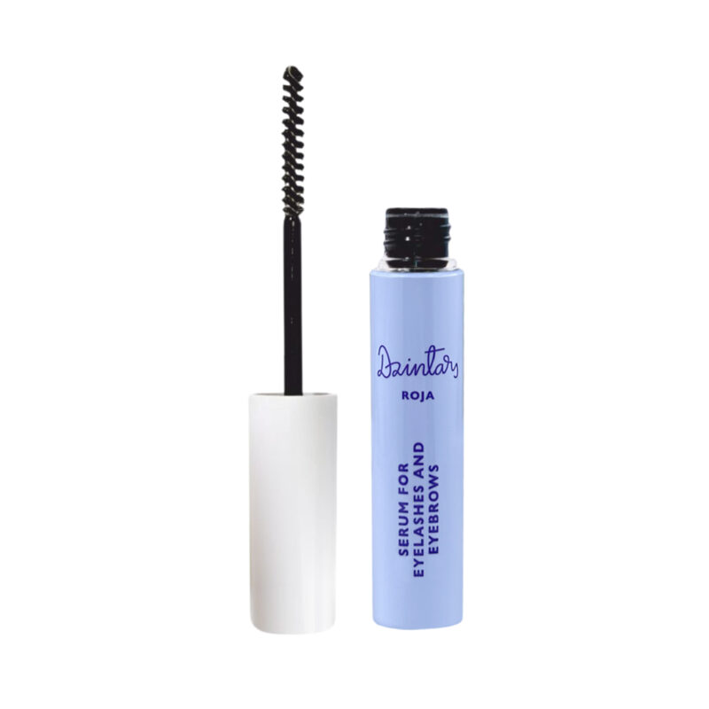 Dzintars Roja Serum for Eyelashes and Eyebrows in a light blue tube with mascara wand applicator, open cap