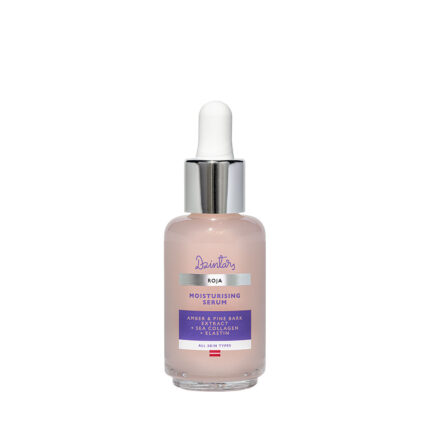 Dzintars Roja Moisturising Serum in a pink glass dropper bottle with sea collagen, elastin, and amber extract