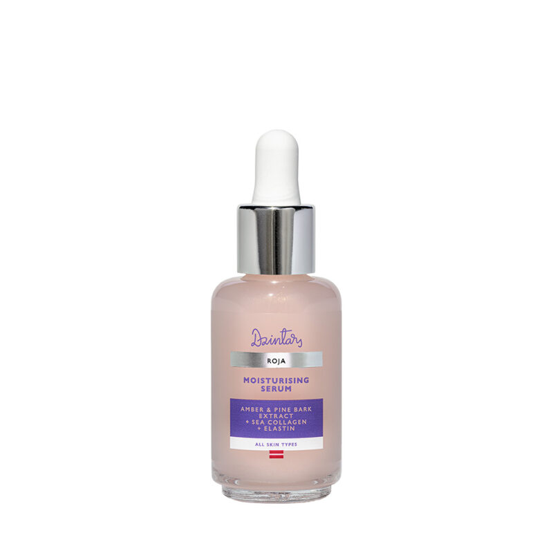 Dzintars Roja Moisturising Serum in a pink glass dropper bottle with sea collagen, elastin, and amber extract