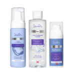 Dzintars Roja skincare trio — Foam Cleanser, Moisturising Toner, and Moisturising Rich Cream arranged together on white background