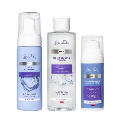 Dzintars Roja skincare trio — Foam Cleanser, Moisturising Toner, and Moisturising Rich Cream arranged together on white background