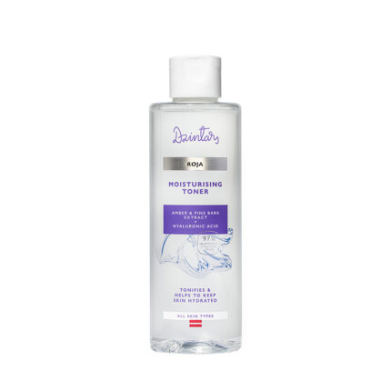 Dzintars Roja Moisturising Toner in a clear bottle with purple label, amber and pine bark extract with hyaluronic acid