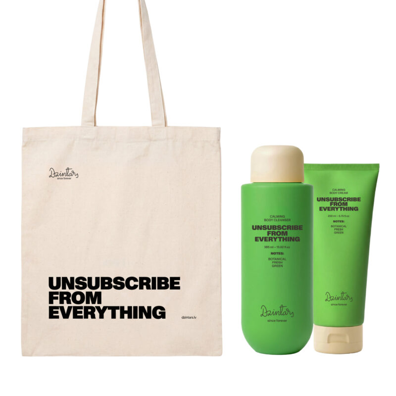 Dzintars Unsubscribe From Everything calming gift set – body cleanser, body cream and tote bag with botanical fresh notes